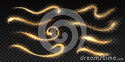 Sparkle stardust. Magic glittering dust waves, golden glowing star trails, Christmas shining light effects. Vector Vector Illustration