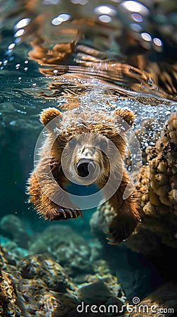 Sparkling Bear: A Tale of a Cute Calf's Swim in the Environmenta Stock Photo