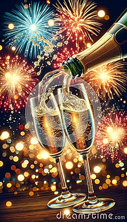 Sparkling champagne pouring into glasses from a bottle. Colorful fireworks and lights. New Years background Stock Photo