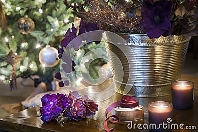Sparkling Chritsmas decorations on wooden table Stock Photo