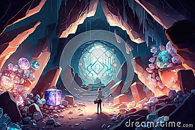 Sparkling Crystal Cave Filled With Treasures. Generative AI Stock Photo