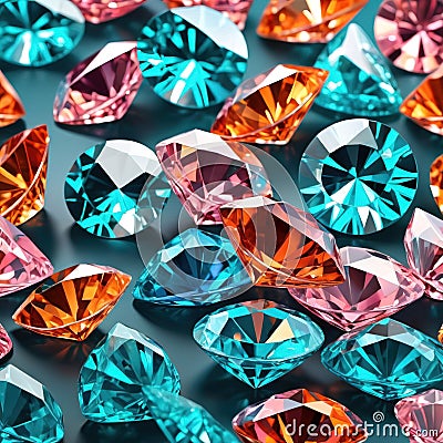 Sparkling crystal gemstones in blue pink and orange, faceted gem background Stock Photo