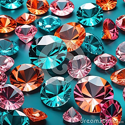 Sparkling crystal gemstones in blue pink and orange, faceted gem background Stock Photo