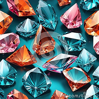 Sparkling crystal gemstones in blue pink and orange, faceted gem background Stock Photo
