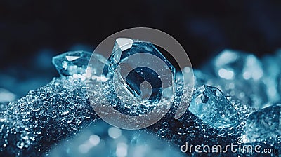 Sparkling crystals rest on a dark surface with a textured background, creating a captivating natural display of Stock Photo