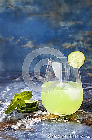 Sparkling cucumber mint gin and tonic fizz with aloe vera on marble table. Copy space. Stock Photo