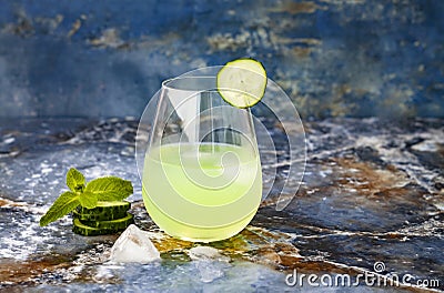 Sparkling cucumber mint gin and tonic fizz with aloe vera on marble table. Copy space. Stock Photo