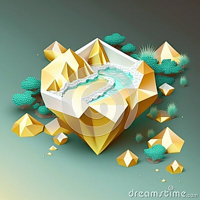 sparkling diamond and a river of gold, isometric low poly view AI generation Stock Photo