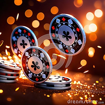 Sparkling dynamic flying poker casino chips, showing the excitement and thrill of gambling Stock Photo