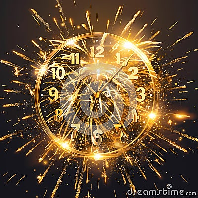 Sparkling Firework Celebration Clock AI Generative Stock Photo