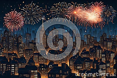 A sparkling fireworks display over a city skyline at midnight on New Year's Eve Stock Photo
