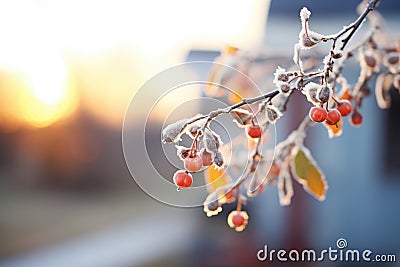 sparkling frost on a bunch of serviceberries at dawn Stock Photo