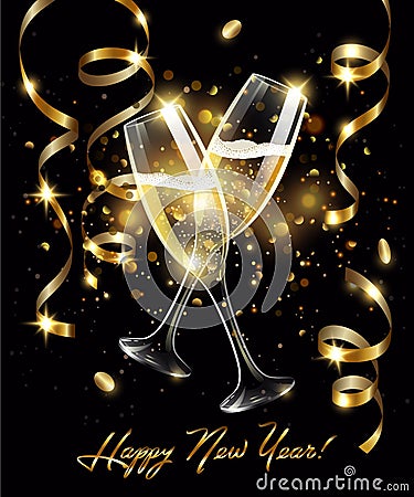 Sparkling glasses of champagne with Gold serpentine on black background, bokeh effect with sign Happy New Year Vector Illustration