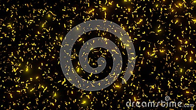 Golden shiny falling metallic glitter confetti stripes - in front of a black background lit by bright lights Stock Photo