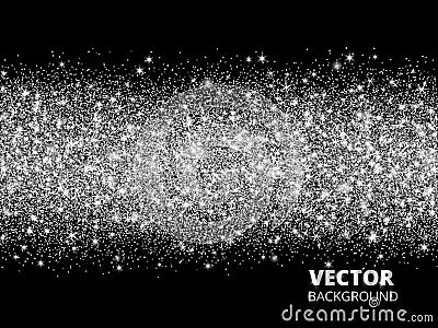 Sparkling glitter border on black background. Silver rectangle of glitter confetti, vector dust. Vector Illustration