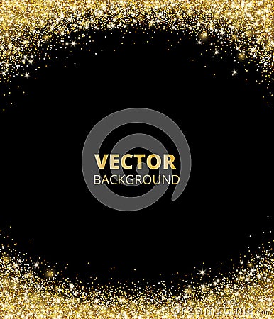 Sparkling glitter border, frame. Falling golden dust on black background. Vector gold arch decoration. Vector Illustration