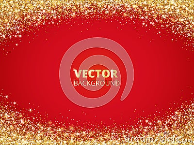 Sparkling glitter border, frame. Falling golden dust on red background. Vector gold glittering decoration. Vector Illustration