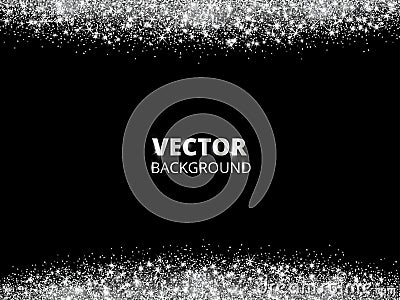 Sparkling glitter border, frame. Falling silver dust on black background. Vector glittering decoration. Vector Illustration