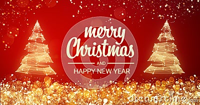 Sparkling gold and silver lights xmas tree Merry Christmas and Happy New Year greeting message on red background,snow Stock Photo