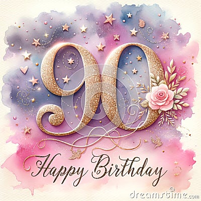 Sparkling Golden 90th Birthday Watercolor Card Stock Photo