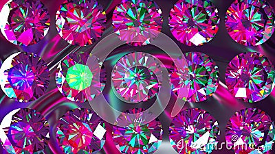 Sparkling iridescent diamonds of fancy round cut style, slowly rotating. Computer generated 3d render. Beautiful Stock Photo