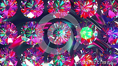 Sparkling iridescent diamonds of fancy round cut style, slowly rotating. Computer generated 3d render. Beautiful Stock Photo
