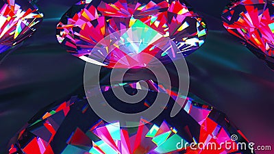 Sparkling iridescent diamonds of fancy round cut style, slowly rotating. Computer generated 3d render. Beautiful Stock Photo