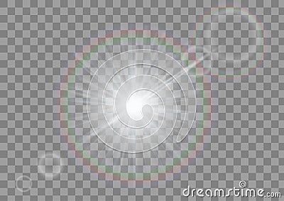 Sparkling light with flares on transparent background. White sparkle isolated. Vector Illustration