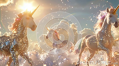 A sparkling podium featuring a herd of unicorns prancing around a glistening lake. The unicorns have vibrant Stock Photo