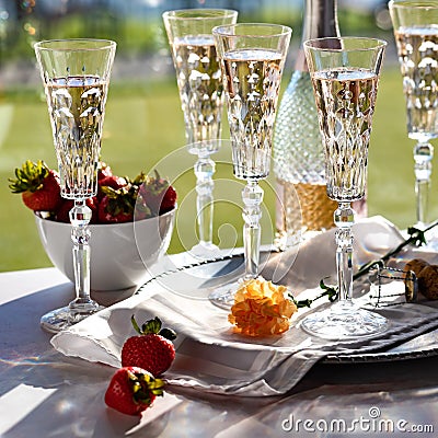 Sparkling rose wine in crystal flute glasses against a bright sunny window. Stock Photo