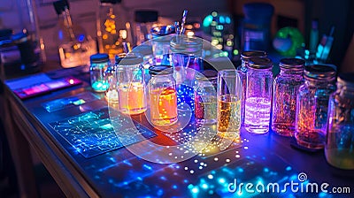 A sparkling science experiment table with neatly labeled jars and Stock Photo