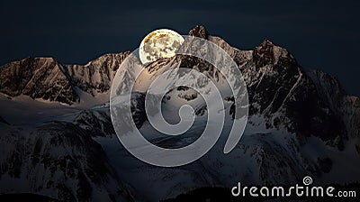 A sparkling snow-covered mountaintop reflecting the light of a full moon created with Generative AI Stock Photo