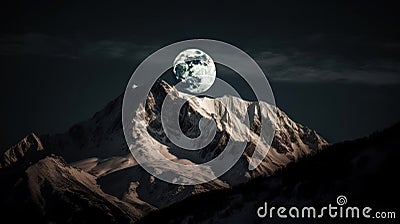 A sparkling snow-covered mountaintop reflecting the light of a full moon created with Generative AI Stock Photo