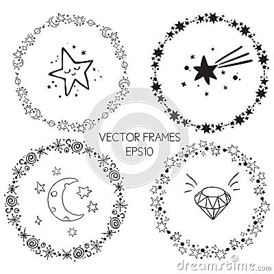 Set of vector graphic circle frames. Wreaths for design, logo template. Stardust, stars, starry sky. Vector Illustration