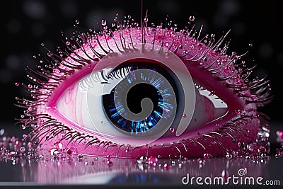 Sparkling surprise box reveals a pink eye with halftone dots, full of wonder. Stock Photo