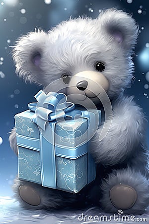 Sparkling Surprises: A Dreamy White Teddy Bear's Gift-Giving Adv Stock Photo