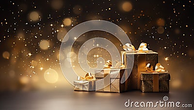 Sparkling Surprises: A Festive Outdoor Scene of Golden Gifts and Stock Photo