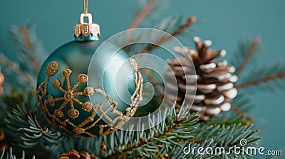 Sparkling Teal Ornament with Gold Design Hangs on Evergreen Bough for Christmas Celebration Stock Photo