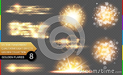 Abstract vector golden special light effect set on transparent background. Beautiful glow flare and spark Vector Illustration