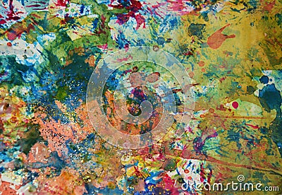 Watercolor golden green paint background, sparkling muddy waxy paint, contrast shapes background in pastel hues Stock Photo