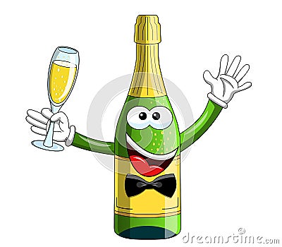 Sparkling wine bottle mascot character making toast isolated Vector Illustration