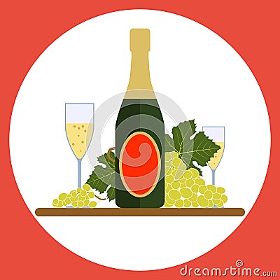 Sparkling wine bottle with wineglasses and grape Vector Illustration