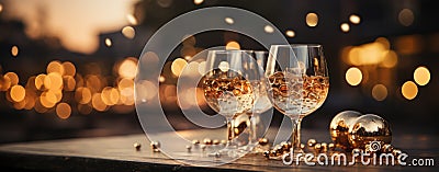 Sparkling wine glasses amidst shimmering golden evening ambiance GenerativeAI Stock Photo