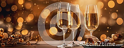 Sparkling wine glasses amidst shimmering golden evening ambiance GenerativeAI Stock Photo