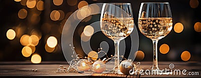 Sparkling wine glasses amidst shimmering golden evening ambiance GenerativeAI Stock Photo