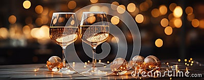 Sparkling wine glasses amidst shimmering golden evening ambiance GenerativeAI Stock Photo