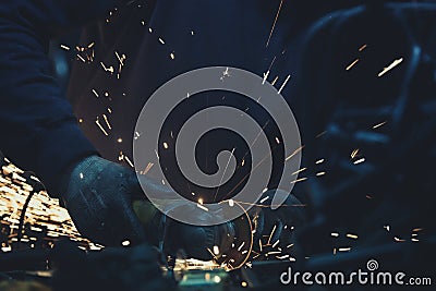 Sparks and angle grinder with sparks around it used to cut steel pipe in a dark workshop Editorial Stock Photo