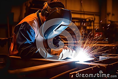 Sparks of Craftsmanship Metal Welder Mastering Steelwork with Electric Arc Welding Machine in Workshop. created with Generative AI Stock Photo