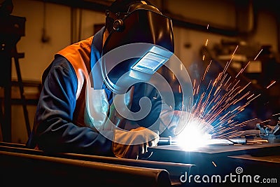 Sparks of Craftsmanship Metal Welder Mastering Steelwork with Electric Arc Welding Machine in Workshop. created with Generative AI Stock Photo