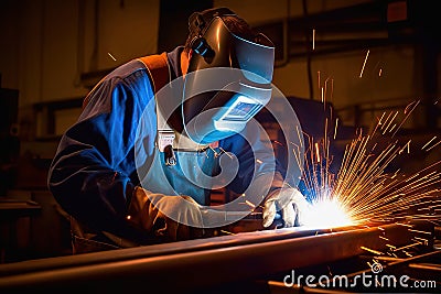 Sparks of Craftsmanship Metal Welder Mastering Steelwork with Electric Arc Welding Machine in Workshop. created with Generative AI Stock Photo